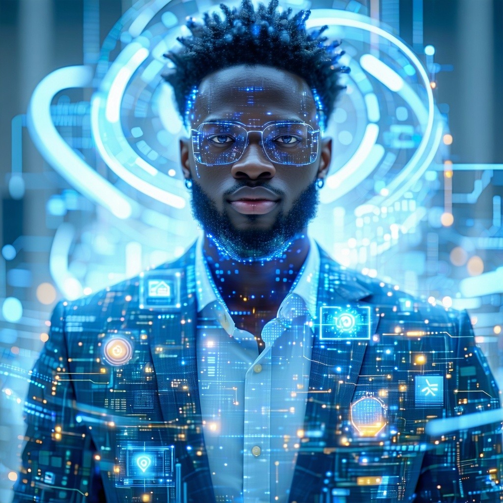 technology swirls with a confident leader in the front The image should be a cutout against a transparent background-1
