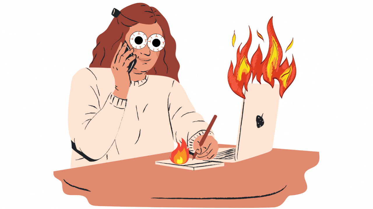 Woman experiencing burnout with a laptop on fire. 